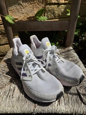 adidas White and Purple Knit Running Sneakers